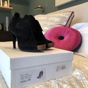 Black suede high heeled booties